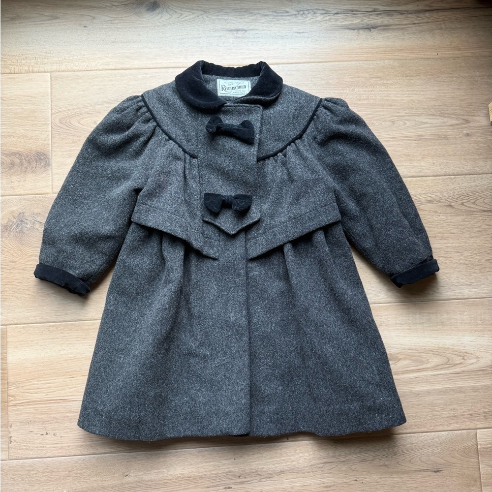 Rothschild | Vintage Gray Girl’s Wool Dress Coat Black Bow Button Up | size 4 - Picture 1 of 12